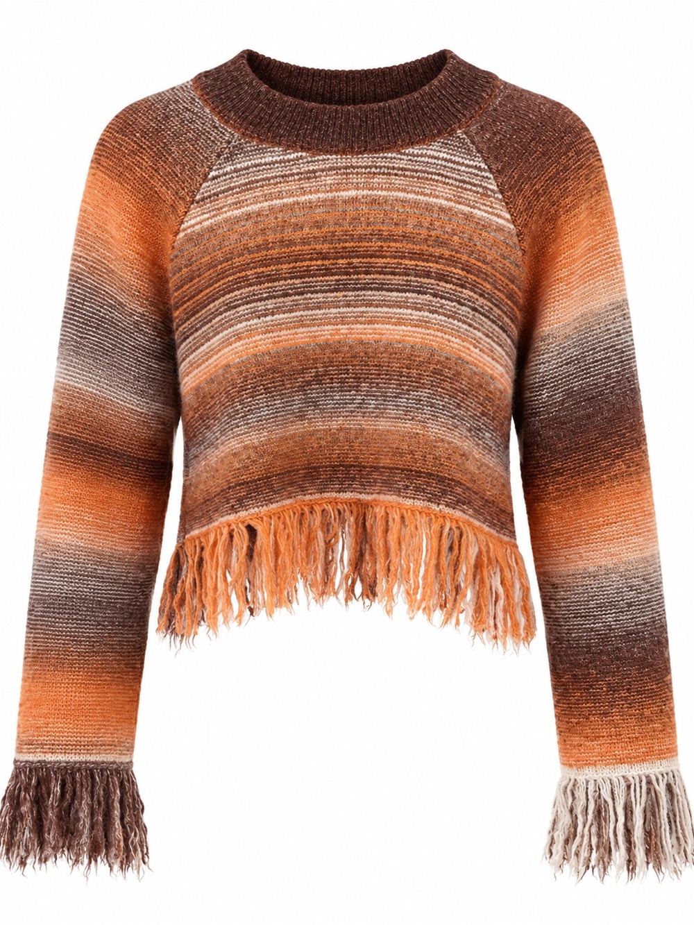 Zara Frayed Hem Striped Crewneck Sweater - Orange